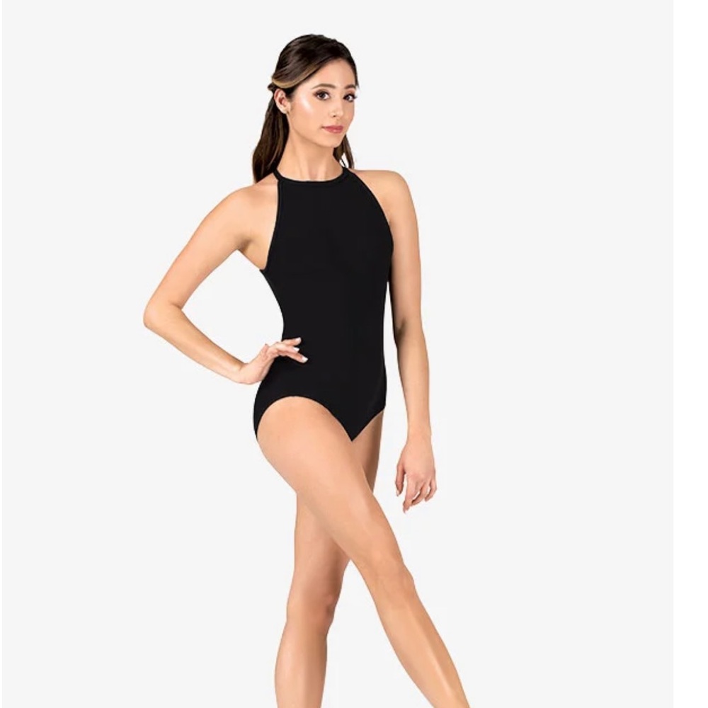 DANZNMOTION
Womens Ribbed Back Keyhole Halter Leotard (black) Size M